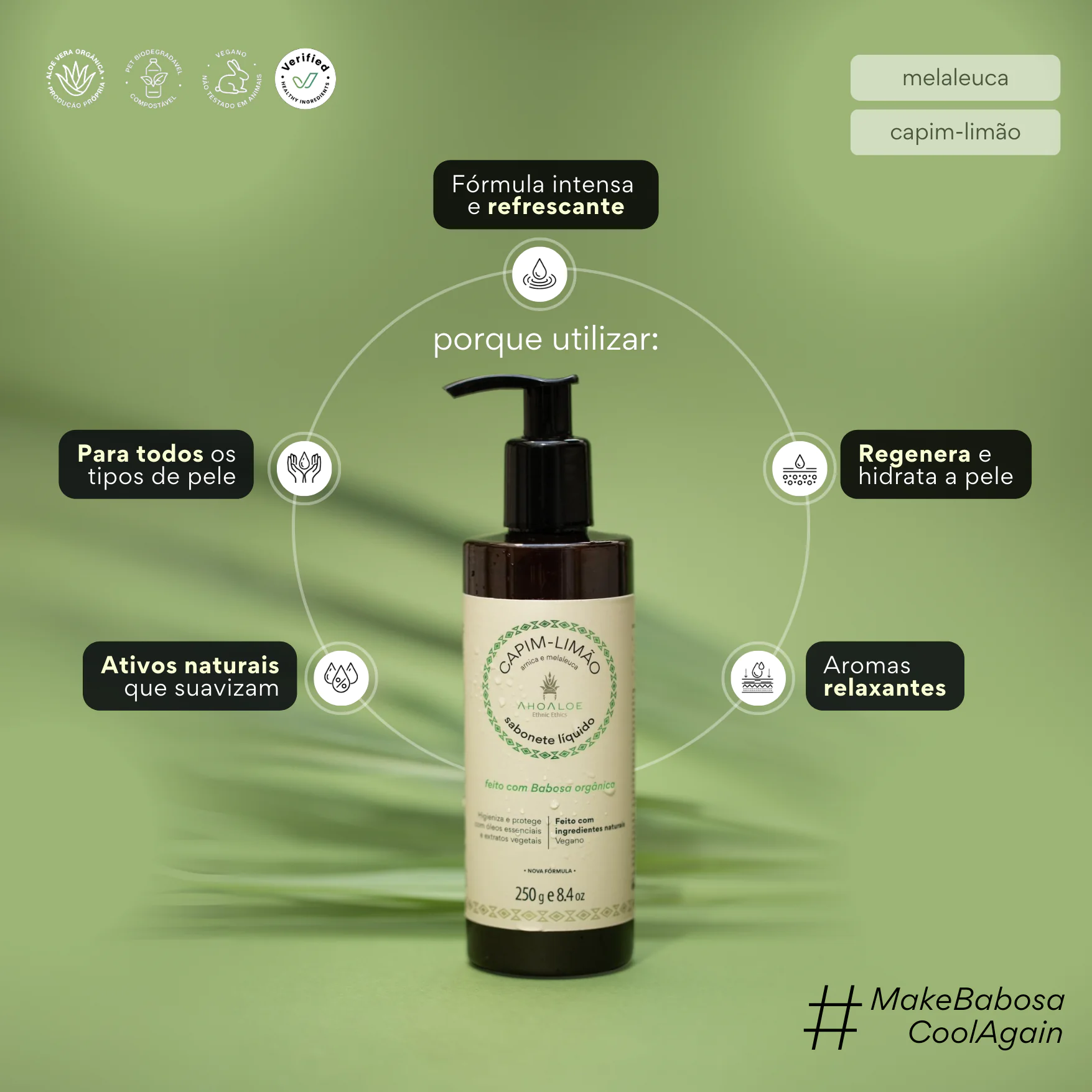 beneficios_produtos Sabonete Líquido de Aloe Vera CAPIM-LIMÃO - 250g - Arnica e Melaleuca - Imagem 5